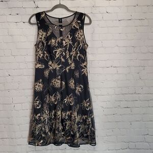 T Tahari navy blue and gold lace overlay midi dress